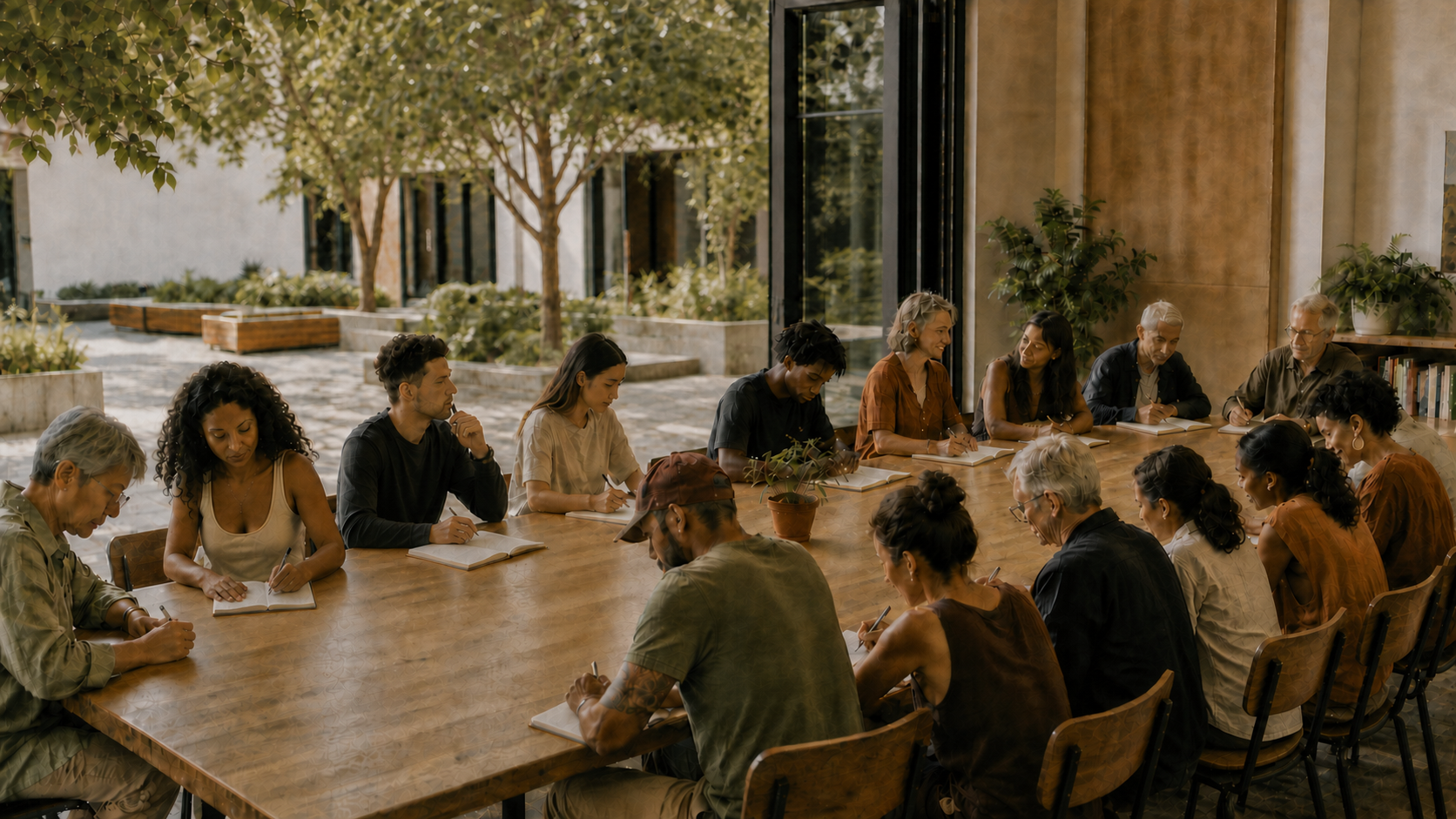 A multigenerational community gathered around a long table for guided journaling