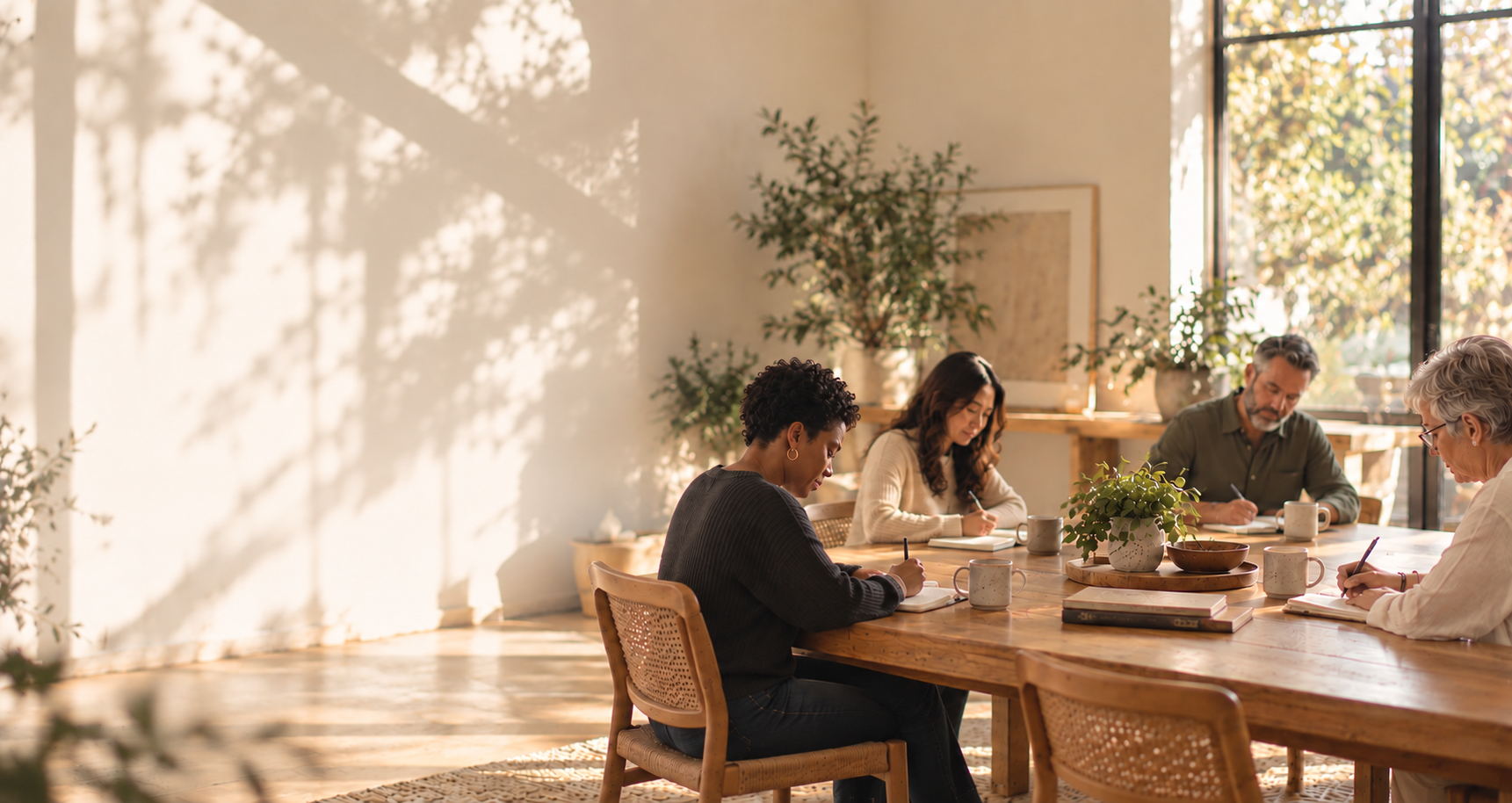 Participants writing in notebooks around a shared table in a sunlit journaling workshop